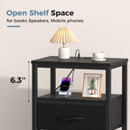 Nightstand with Charging Station, Bedside Tables with USB Ports and Fabric Drawer, Small Night Stand with Open Adjustable Shelf, Compact End Table for Bedroom, Black