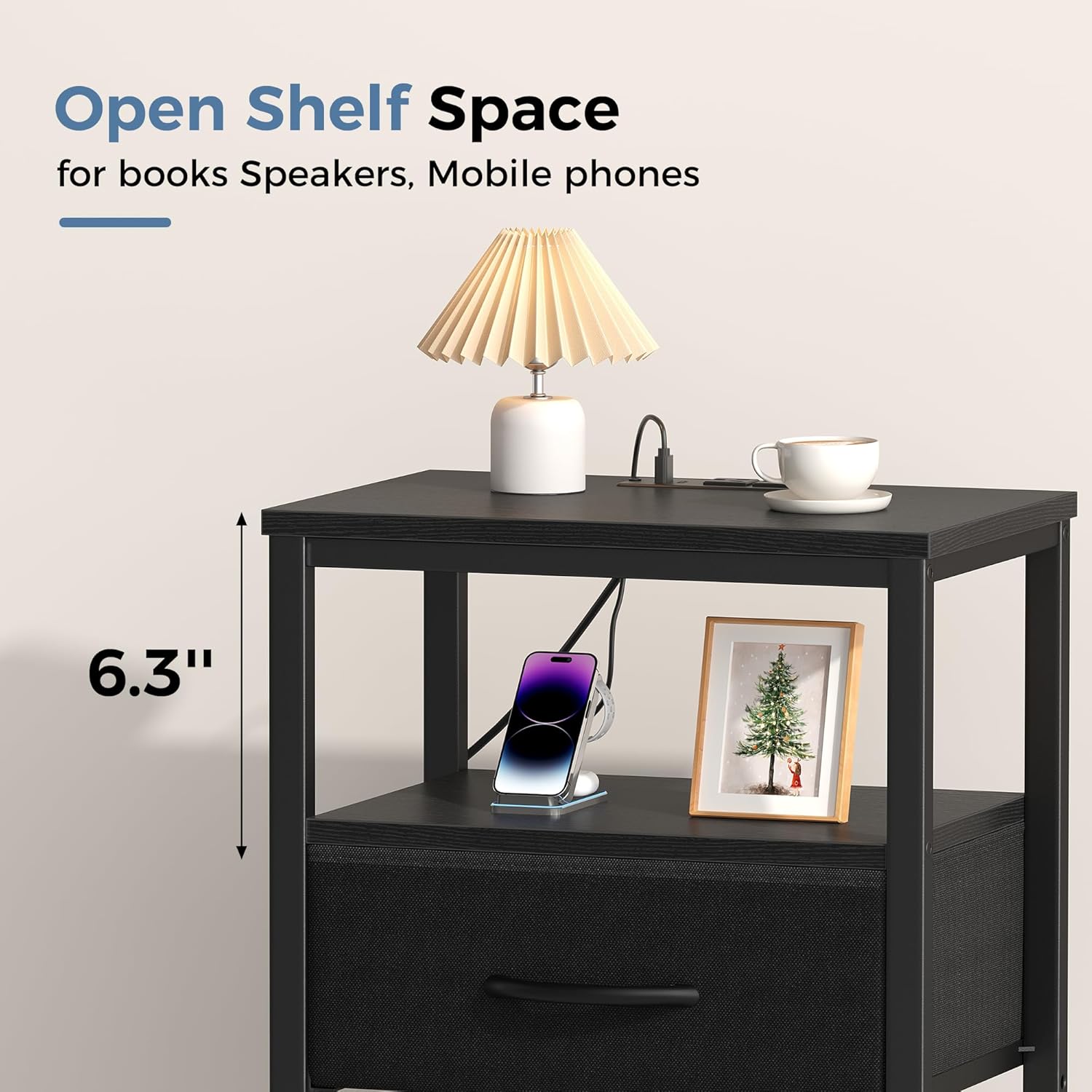 Nightstand with Charging Station, Bedside Tables with USB Ports and Fabric Drawer, Small Night Stand with Open Adjustable Shelf, Compact End Table for Bedroom, Black