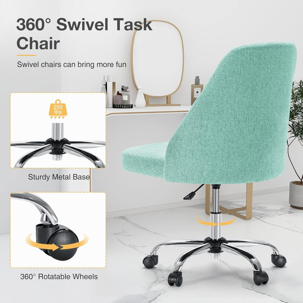 Armless Vanity Chair, Cute Comfy Home Office Desk Chair with Wheels, Modern Upholstered Task Computer Seat for Bedroom, Study, Makeup Vanity, Height Adjustable & Swivel, Mint