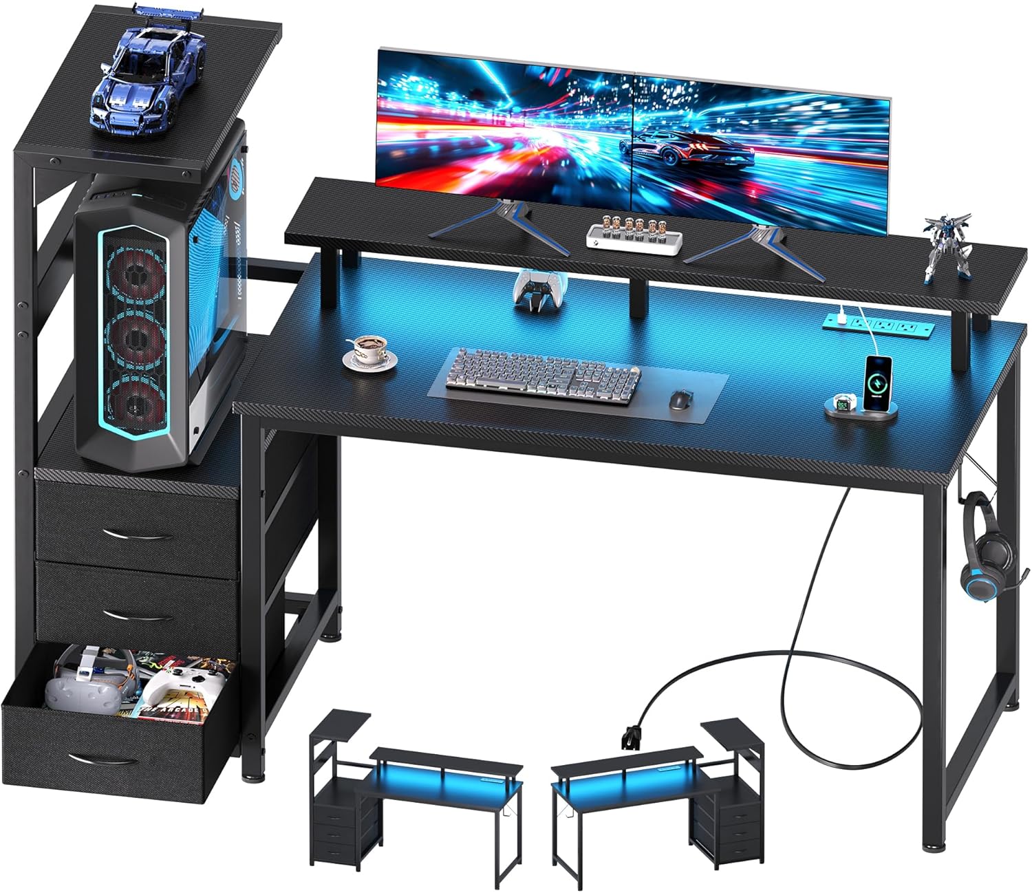 L Shaped Gaming Desk with Shelves Storage Drawers 52'', White Computer Desks with LED Lights Power Outlets, Office Wood Table with PC Stand Cable Management for Bedroom Dual Monitor Streaming