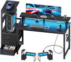 L Shaped Gaming Desk with Shelves Storage Drawers 58'', Black Computer Desks with LED Lights Power Outlets, Office Wood Table with PC Stand Cable Management for Bedroom Dual Monitor Streaming