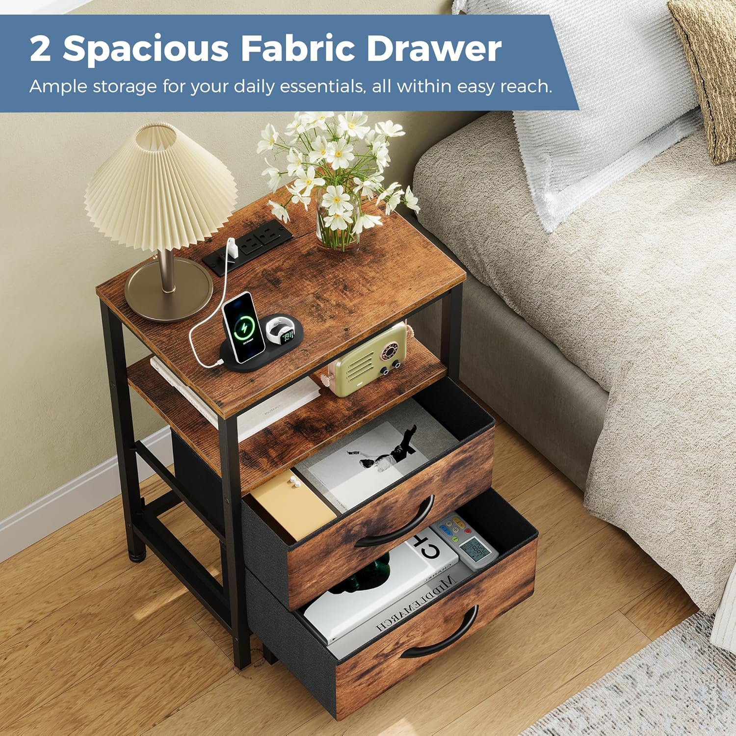 Nightstand with Charging Station, Bedside Table with USB Ports & Type-C, 2 Fabric Drawers Night Stand with Open Shelf, Compact End Table for Bedroom, Rustic Brown