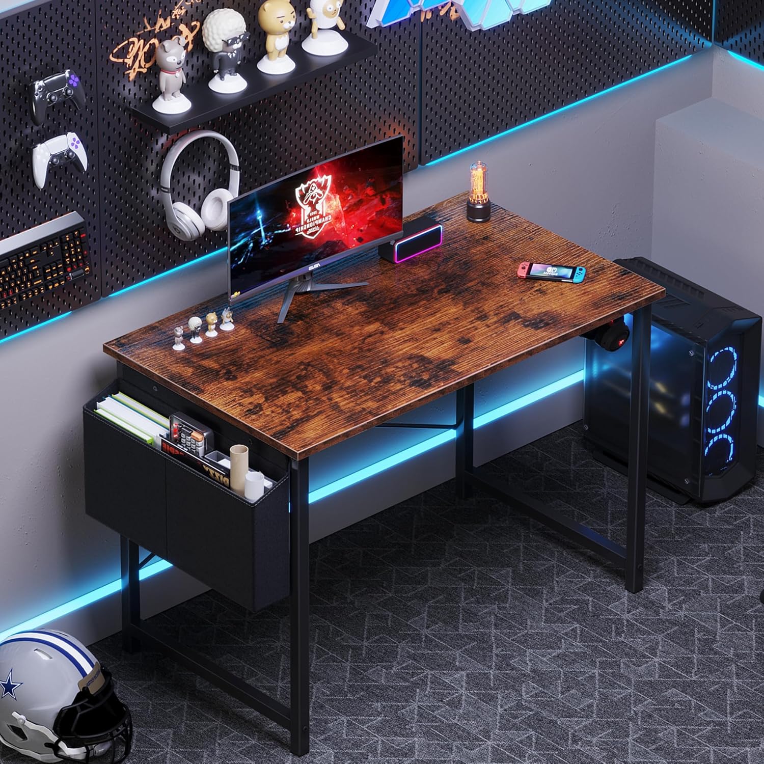 Computer Desk 40 Inch Home Office Desks for Small Spaces, Gaming Writing Study Work Table with Storage Bag and Headphone Hook for Bedroom, Rustic Brown