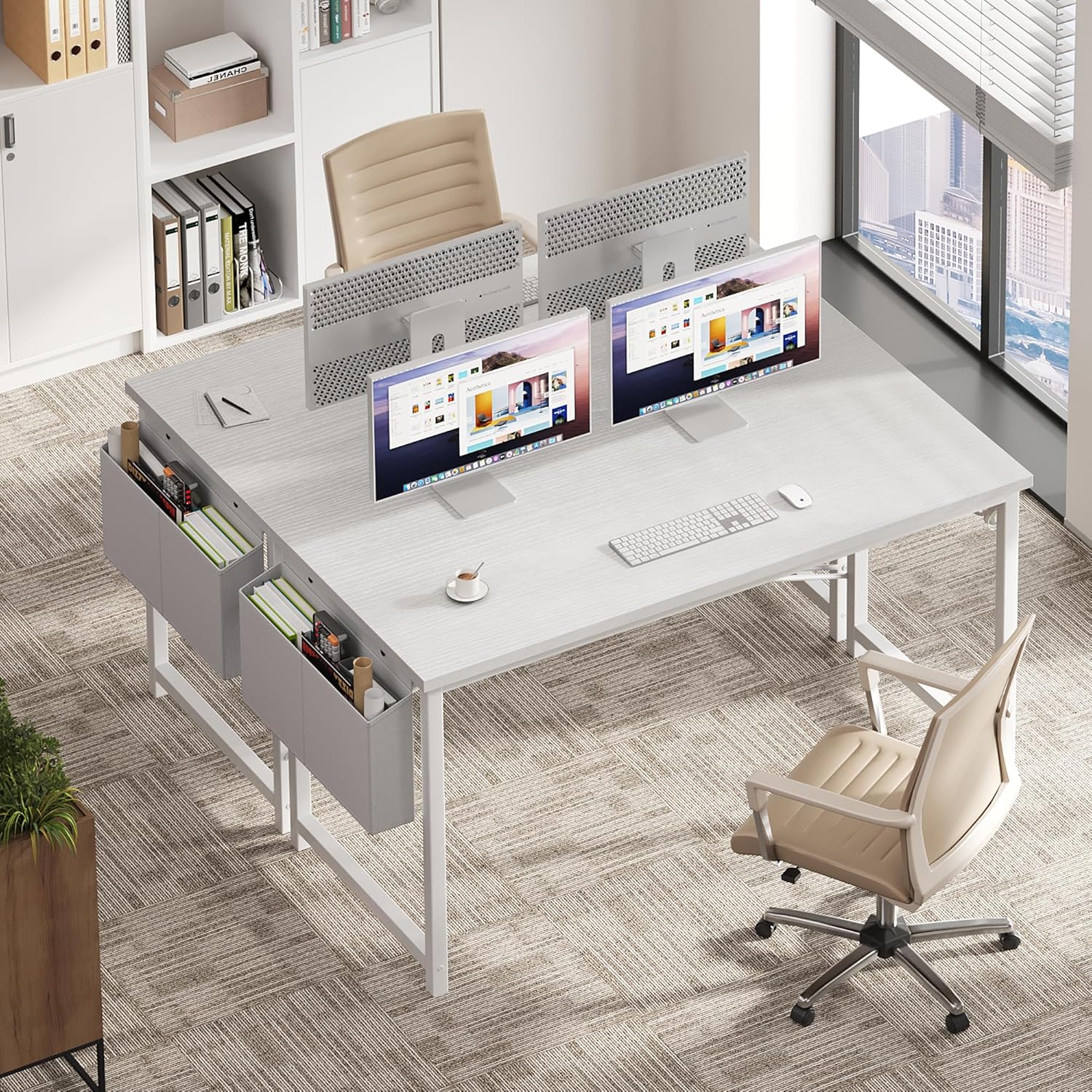 Computer Desk 55 Inch Home Office Desks for Small Spaces, Gaming Writing Study Work Table with Storage Bag and Headphone Hook for Bedroom, White