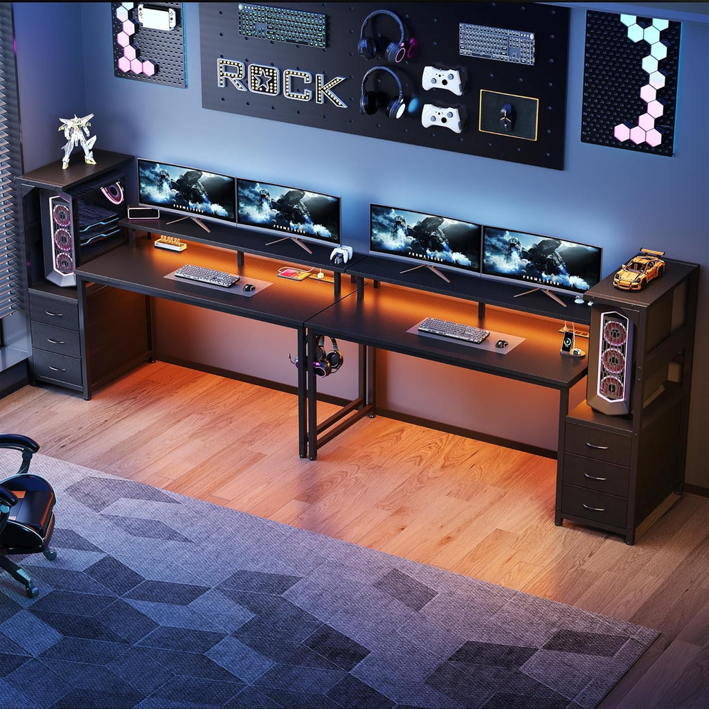 L Shaped Gaming Desk with Shelves Storage Drawers 58'', Black Computer Desks with LED Lights Power Outlets, Office Wood Table with PC Stand Cable Management for Bedroom Dual Monitor Streaming
