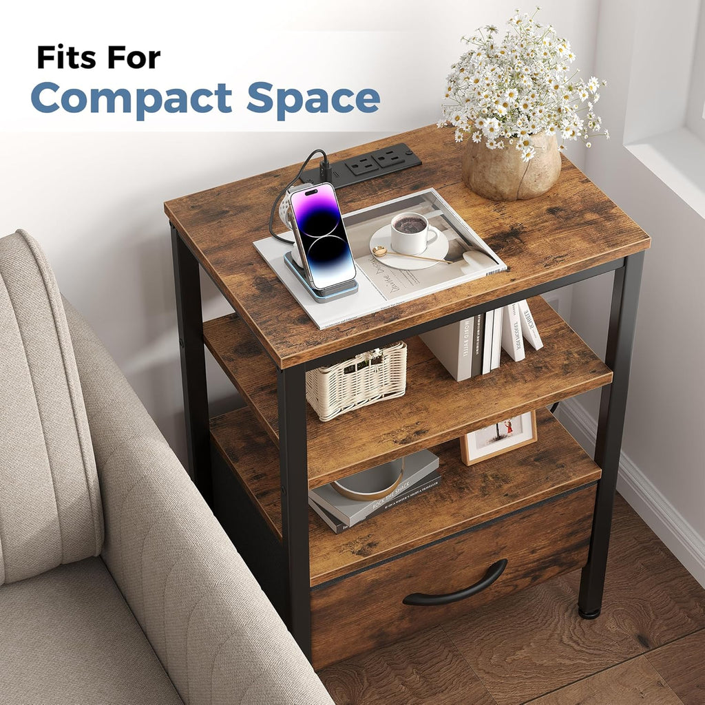 Nightstands Set of 2 with Charging Station, Bedside Table with USB Ports & Type-C, 2 Fabric Drawers Night Stand with Open Shelf, Compact End Table for Bedroom, Rustic Brown
