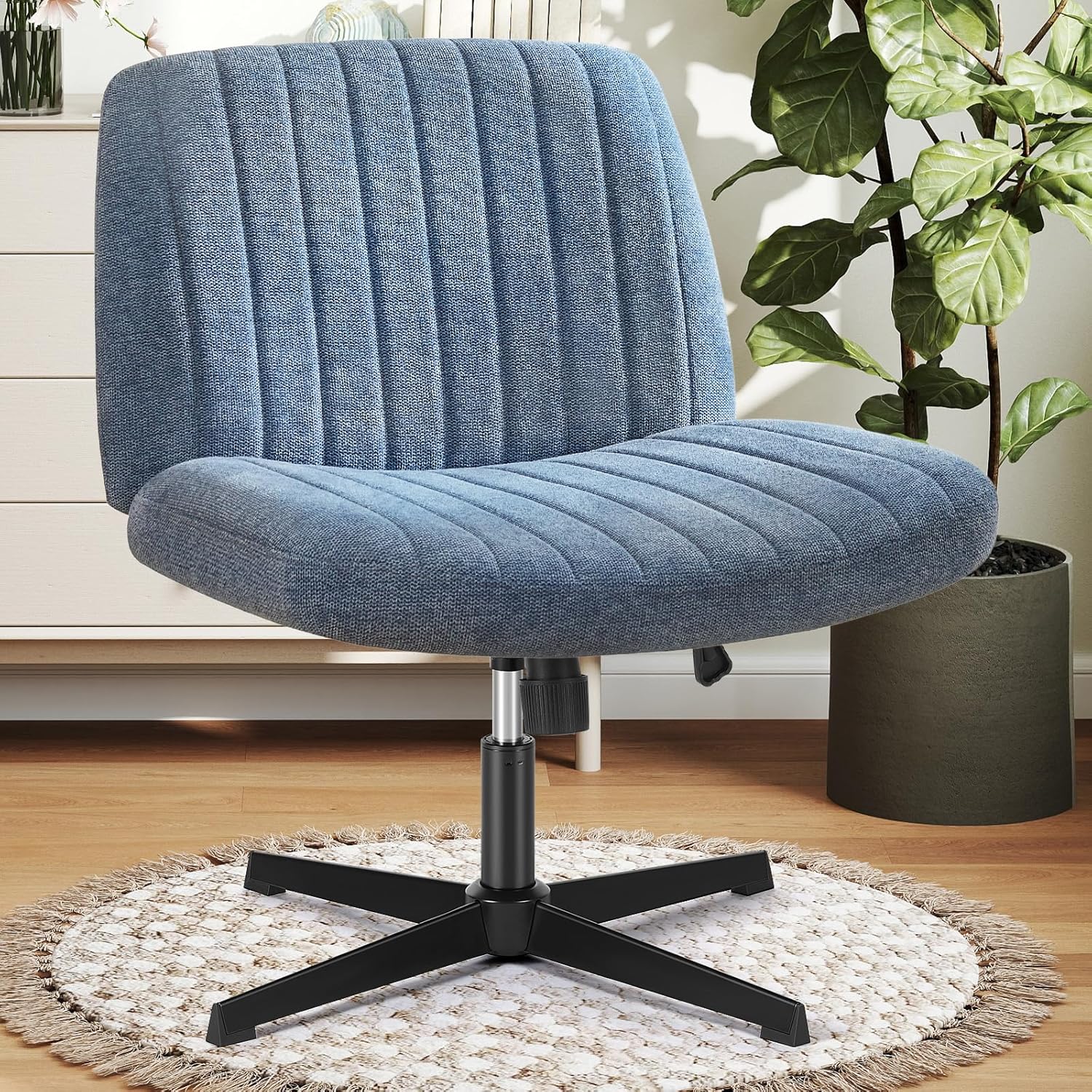 Criss Cross Chair No Wheels, Legged Office Desk Armless Chiar Wide Seat, Adjustable Swivel Teddy Fabric Task Vanity Chairs for Home Bedroom, Pink