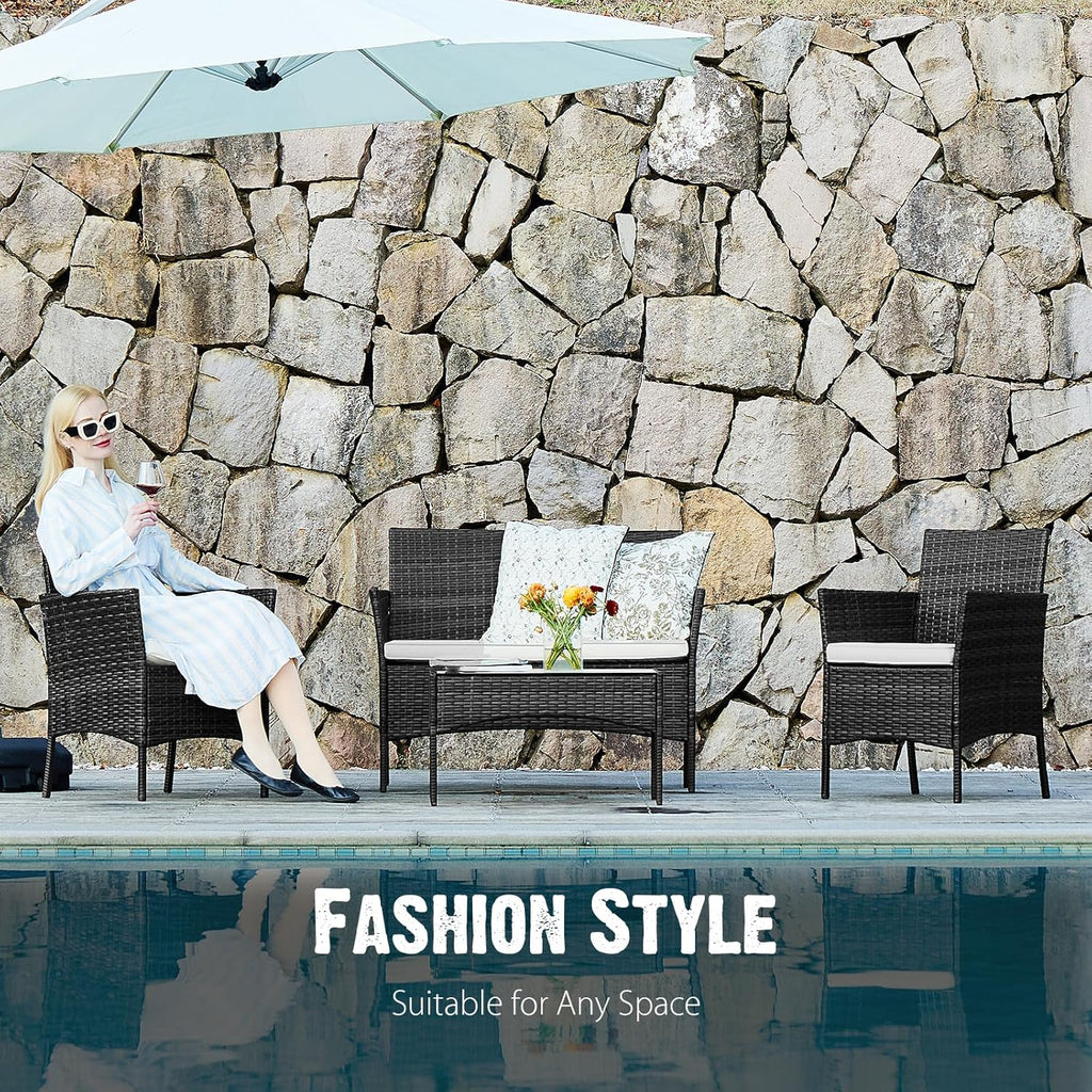Patio Furniture Set 4 Pieces, Outdoor Furniture with Soft Cushion and Glass Table, All Weather Manual Weaving Wicker Rattan Patio Chairs for Garden, Terrace, Porch, Lawns,Black