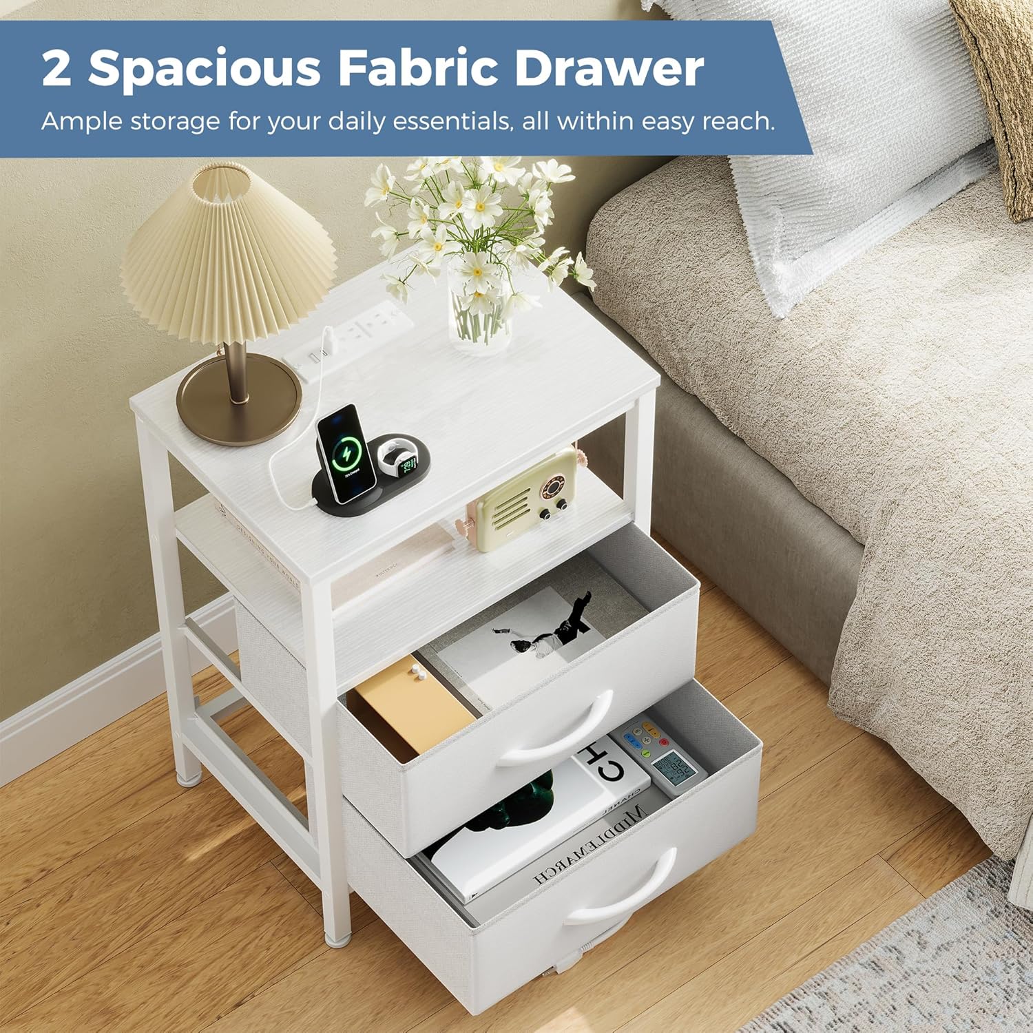 Nightstands Set of 2 with Charging Station, Bedside Table with USB Ports & Type-C, 2 Fabric Drawers Night Stand with Open Shelf, Compact End Table for Bedroom, White