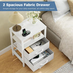 Nightstand with Charging Station, Bedside Table with USB Ports & Type-C, 2 Fabric Drawers Night Stand with Open Shelf, Compact End Table for Bedroom, White