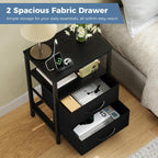 Nightstands Set of 2 with Charging Station, Bedside Table with USB Ports & Type-C, 2 Fabric Drawers Night Stand with Open Shelf, Compact End Table for Bedroom, Black