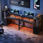 L Shaped Gaming Desk with Shelves Storage Drawers 52'', Black Computer Desks with LED Lights Power Outlets, Office Wood Table with PC Stand Cable Management for Bedroom Dual Monitor Streaming