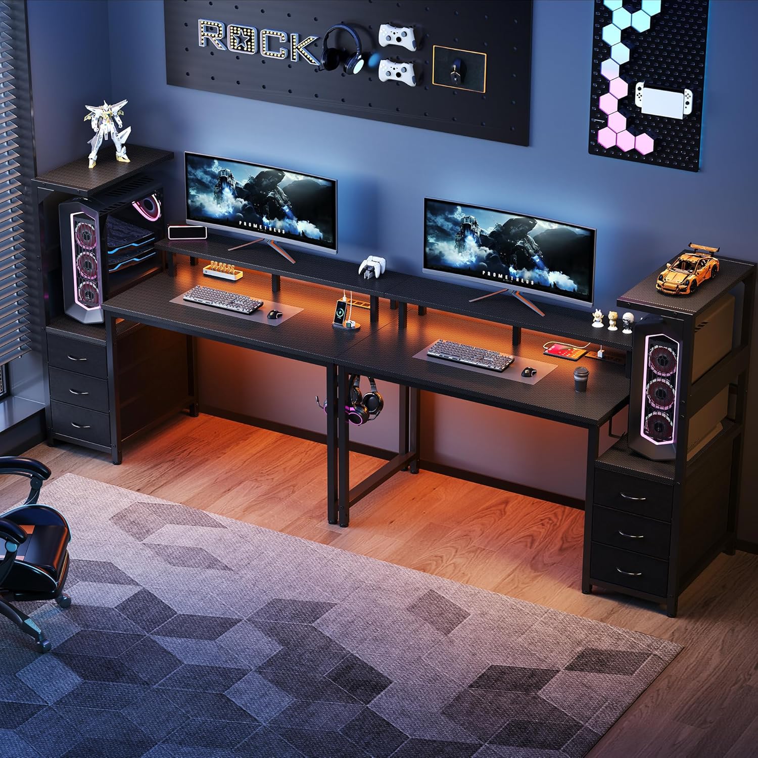 L Shaped Gaming Desk with Shelves Storage Drawers 52'', Black Computer Desks with LED Lights Power Outlets, Office Wood Table with PC Stand Cable Management for Bedroom Dual Monitor Streaming