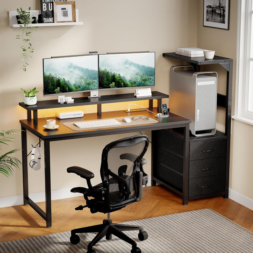 L Shaped Gaming Desk with Shelves Storage Drawers 52'', Black Computer Desks with LED Lights Power Outlets, Office Wood Table with PC Stand Cable Management for Bedroom Dual Monitor Streaming