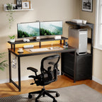 L Shaped Gaming Desk with Shelves Storage Drawers 52'', Black Computer Desks with LED Lights Power Outlets, Office Wood Table with PC Stand Cable Management for Bedroom Dual Monitor Streaming