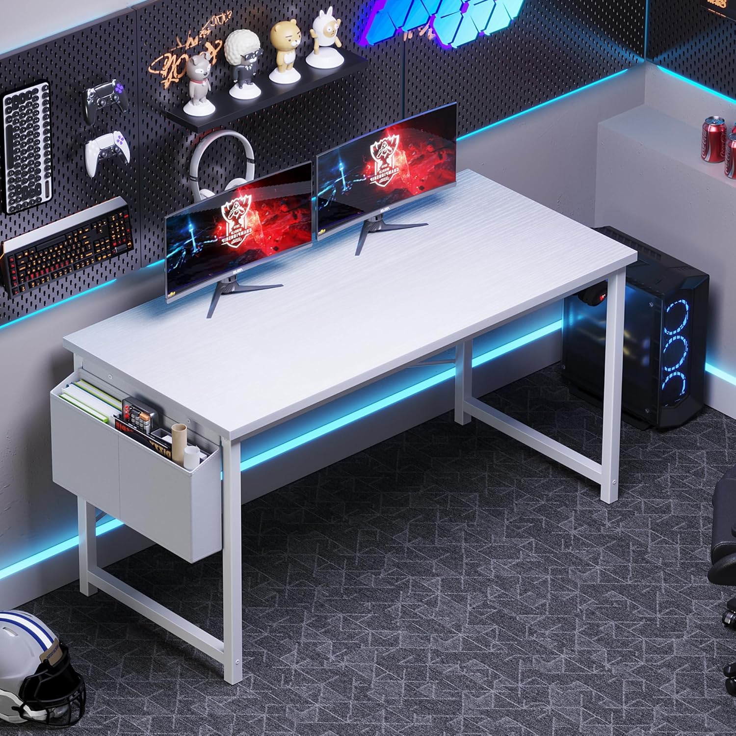 Computer Desk 55 Inch Home Office Desks for Small Spaces, Gaming Writing Study Work Table with Storage Bag and Headphone Hook for Bedroom, White