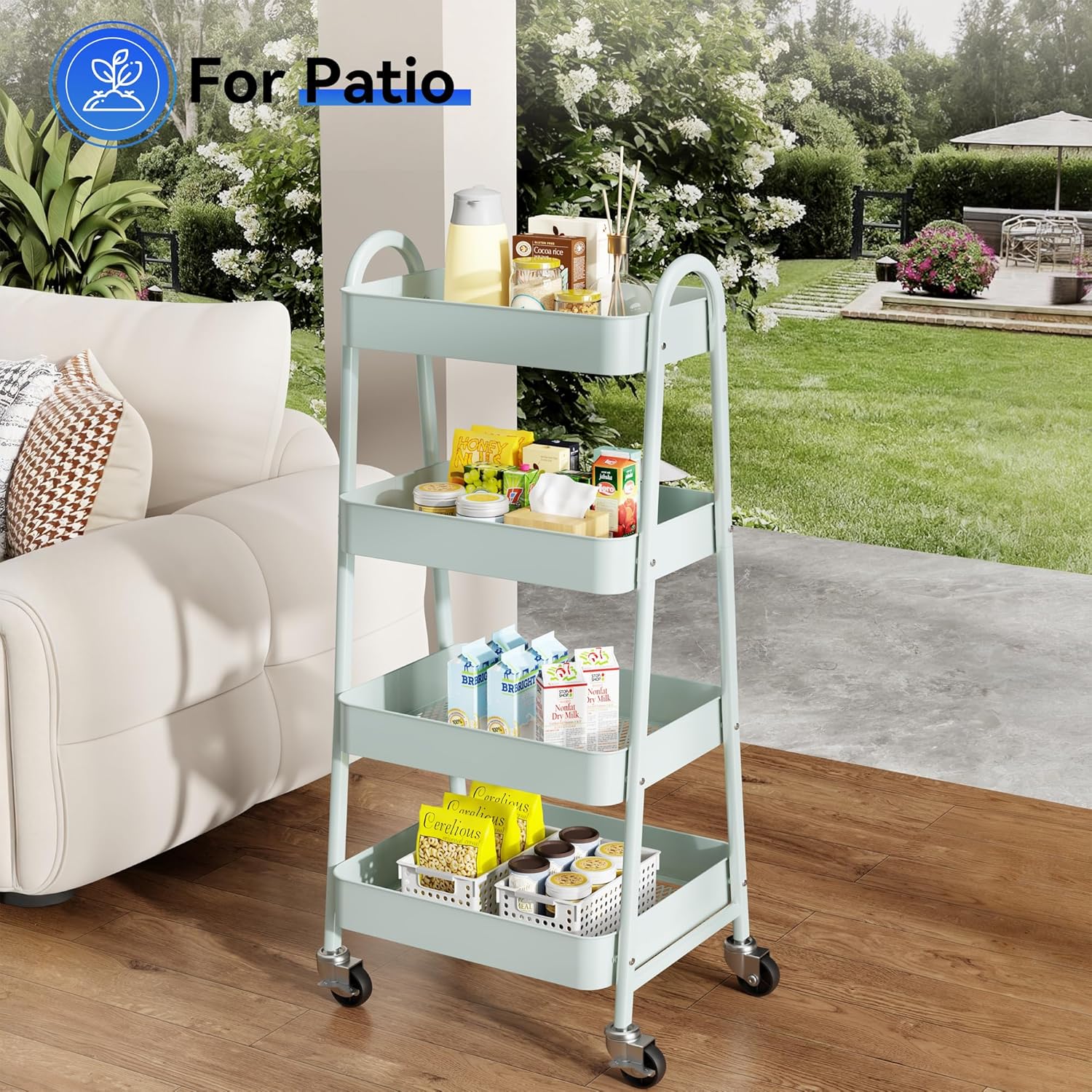 4-Tier Metal Rolling Cart with Lockable Wheels - Mobile Storage Organizer, Utility Shelving Unit for Kitchen, Office, Bathroom, Laundry, Narrow Places, Green