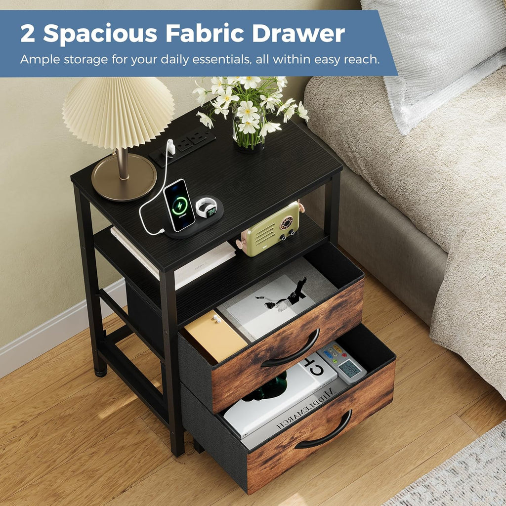 Nightstands Set of 2 with Charging Station, Bedside Table with USB Ports & Type-C, 2 Fabric Drawers Night Stand with Open Shelf, Compact End Table for Bedroom, Rustic Brown