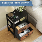 Nightstands Set of 2 with Charging Station, Bedside Table with USB Ports & Type-C, 2 Fabric Drawers Night Stand with Open Shelf, Compact End Table for Bedroom, Rustic Brown