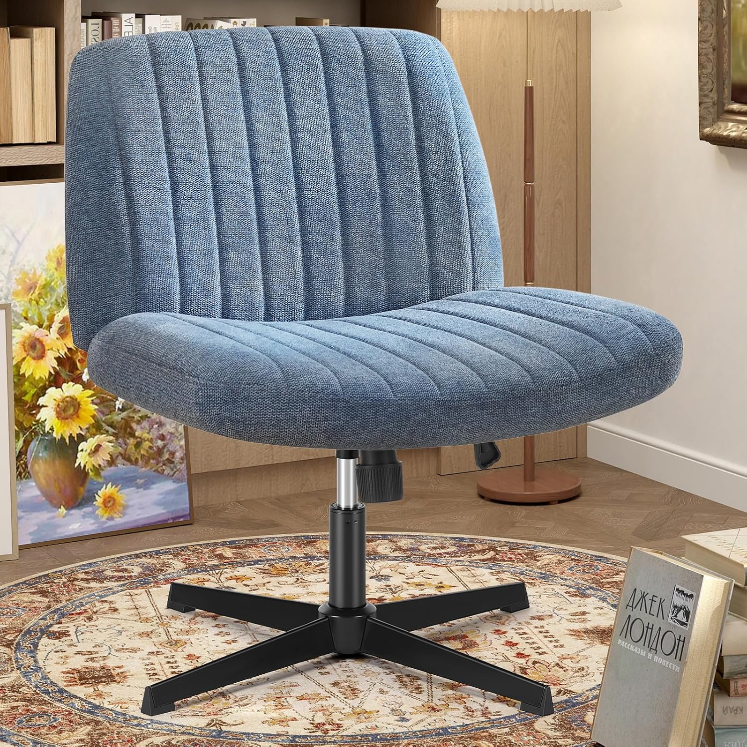 Criss Cross Chair with Wheels Wide Cross Legged Office Desk Vanity Chair Comfy Fabric Armless Adjustable Swivel for Home Computer Task PU Black