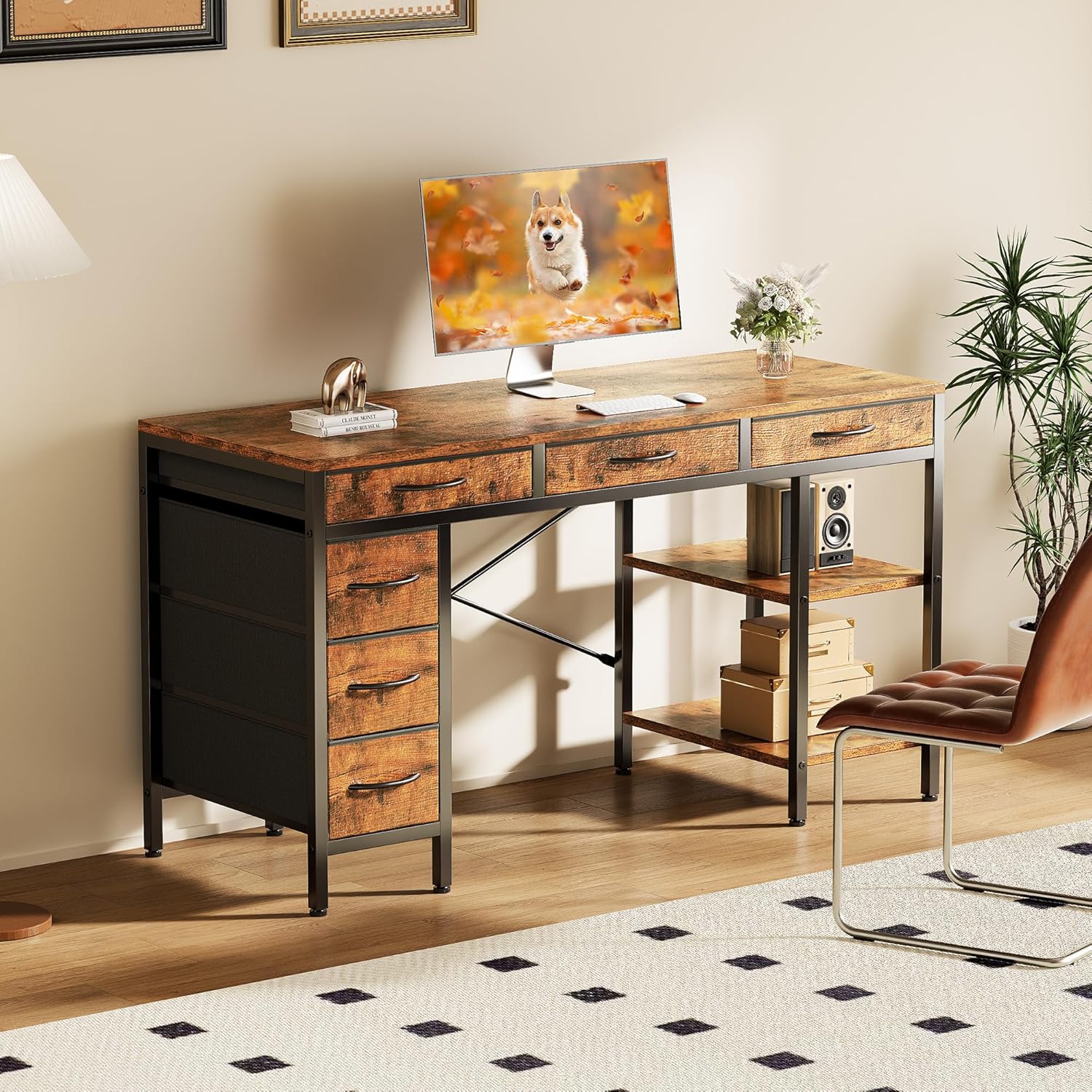 55 Computer Desk with 6 Drawers, Home Office Gaming Desks with Storage Shelves for Bedroom, Writing Study Corner Living Room Work Table Rustic Brown