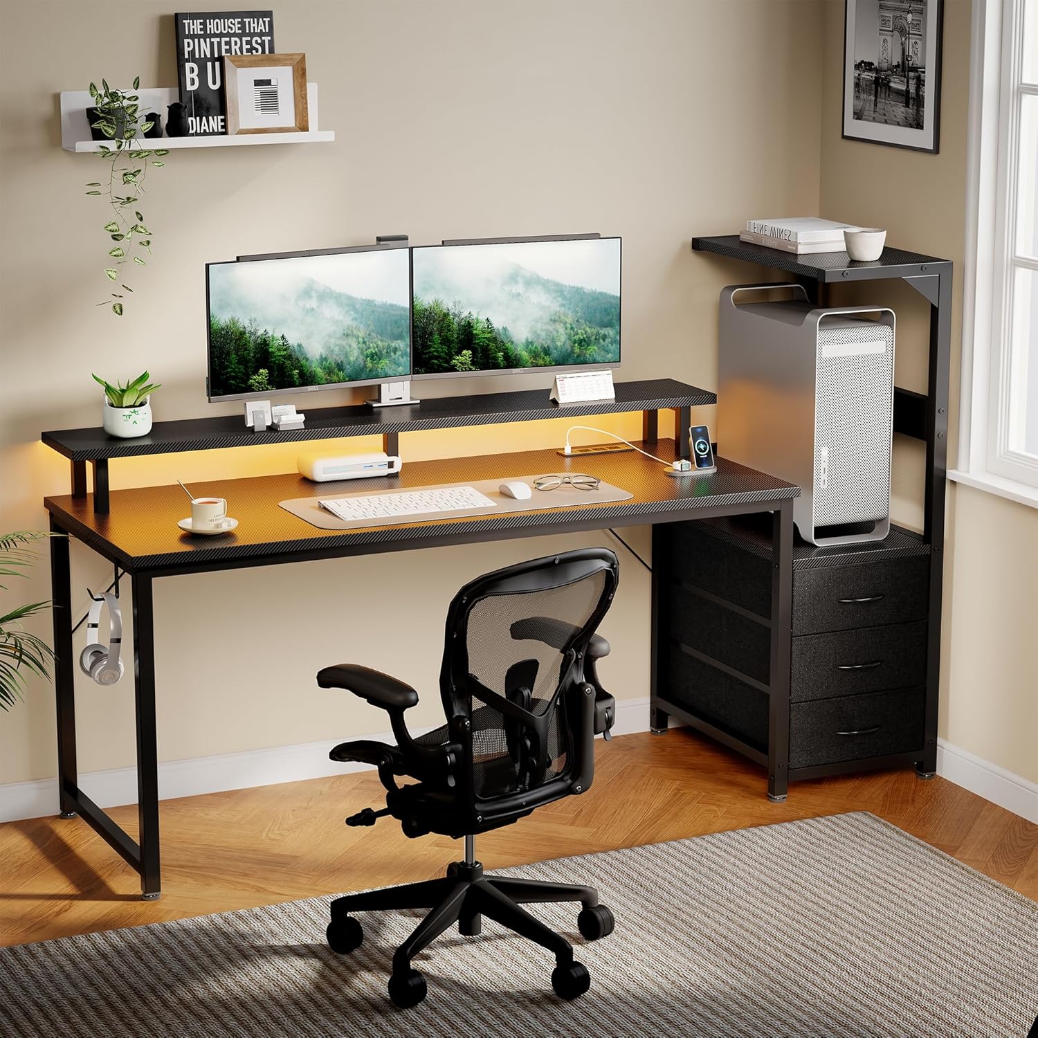 L Shaped Gaming Desk with Shelves Storage Drawers 58'', Black Computer Desks with LED Lights Power Outlets, Office Wood Table with PC Stand Cable Management for Bedroom Dual Monitor Streaming