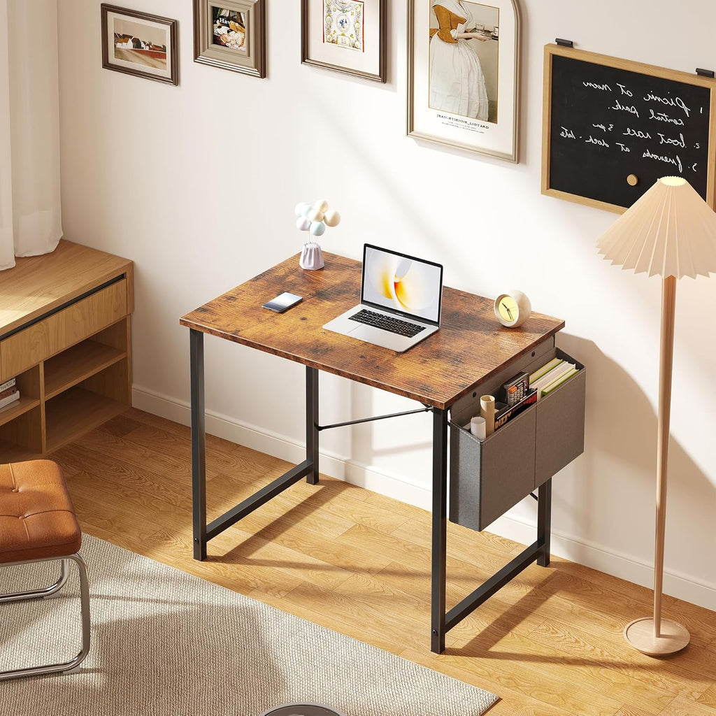 Computer Desk 31 Inch Home Office Desks for Small Spaces, Gaming Writing Study Work Table with Storage Bag for Bedroom, Rustic Brown