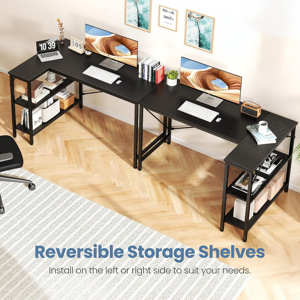 L Shaped Desk 39 Inch Computer Desk Gaming Furniture Corner Desks Home Office PC Table with Reversible Storage Shelves for Writing Working Study Bedroom Dorm, Modern Black
