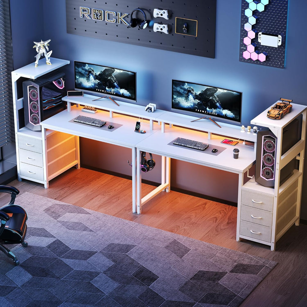L Shaped Gaming Desk with Shelves Storage Drawers 52'', White Computer Desks with LED Lights Power Outlets, Office Wood Table with PC Stand Cable Management for Bedroom Dual Monitor Streaming