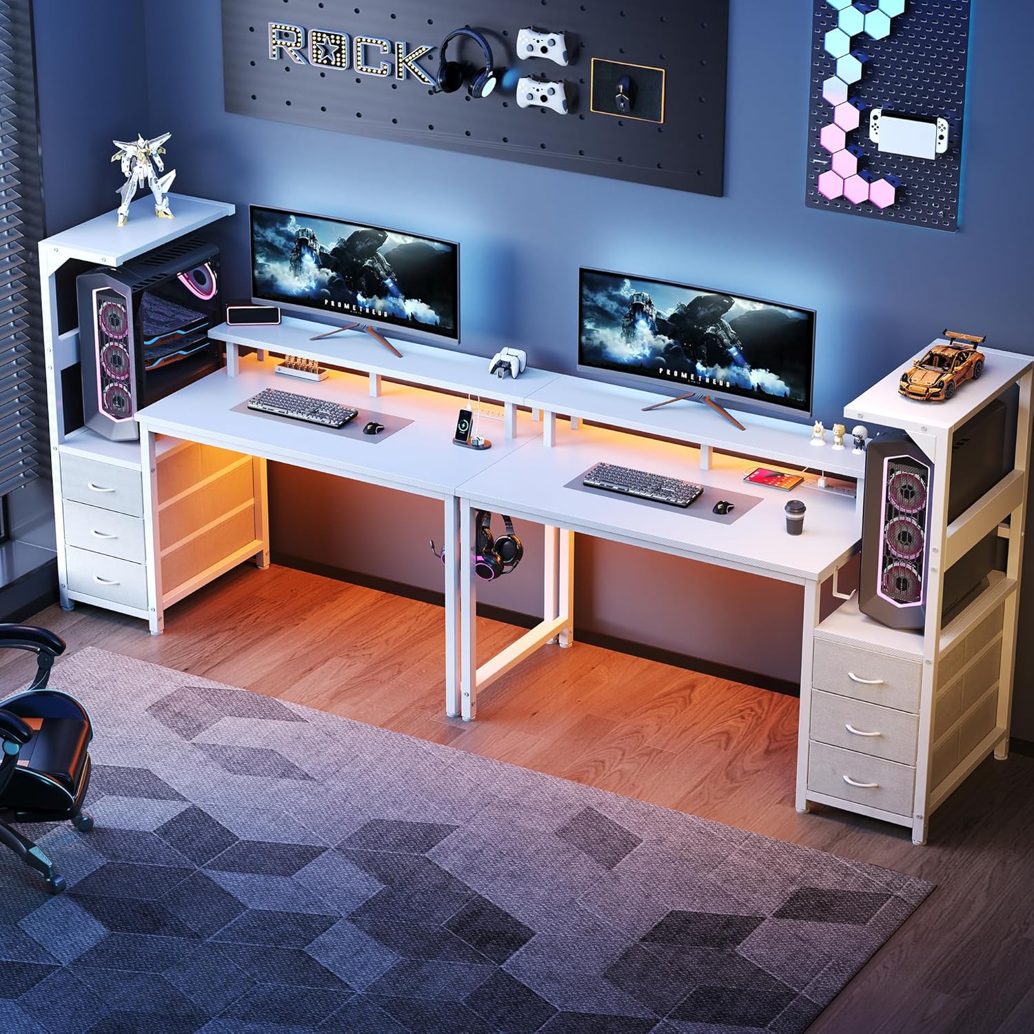 L Shaped Gaming Desk with Shelves Storage Drawers 52'', White Computer Desks with LED Lights Power Outlets, Office Wood Table with PC Stand Cable Management for Bedroom Dual Monitor Streaming