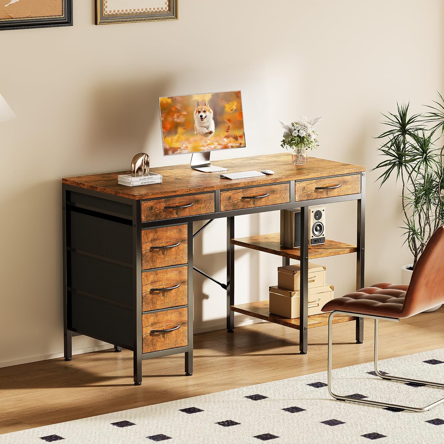 47 Computer Desk with 6 Drawers, Home Office Gaming Desks with Storage Shelves for Bedroom, Writing Study Corner Living Room Work Table Rustic Brown
