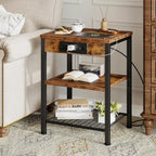 15.7 Small Side Table Set of 2 with Charging Station, End Table with Outlets & USB Ports, 3-Tier Adjustable Nightstand for Living Room, Bedroom, Small Spaces, Record Player Stand, Rustic Brown