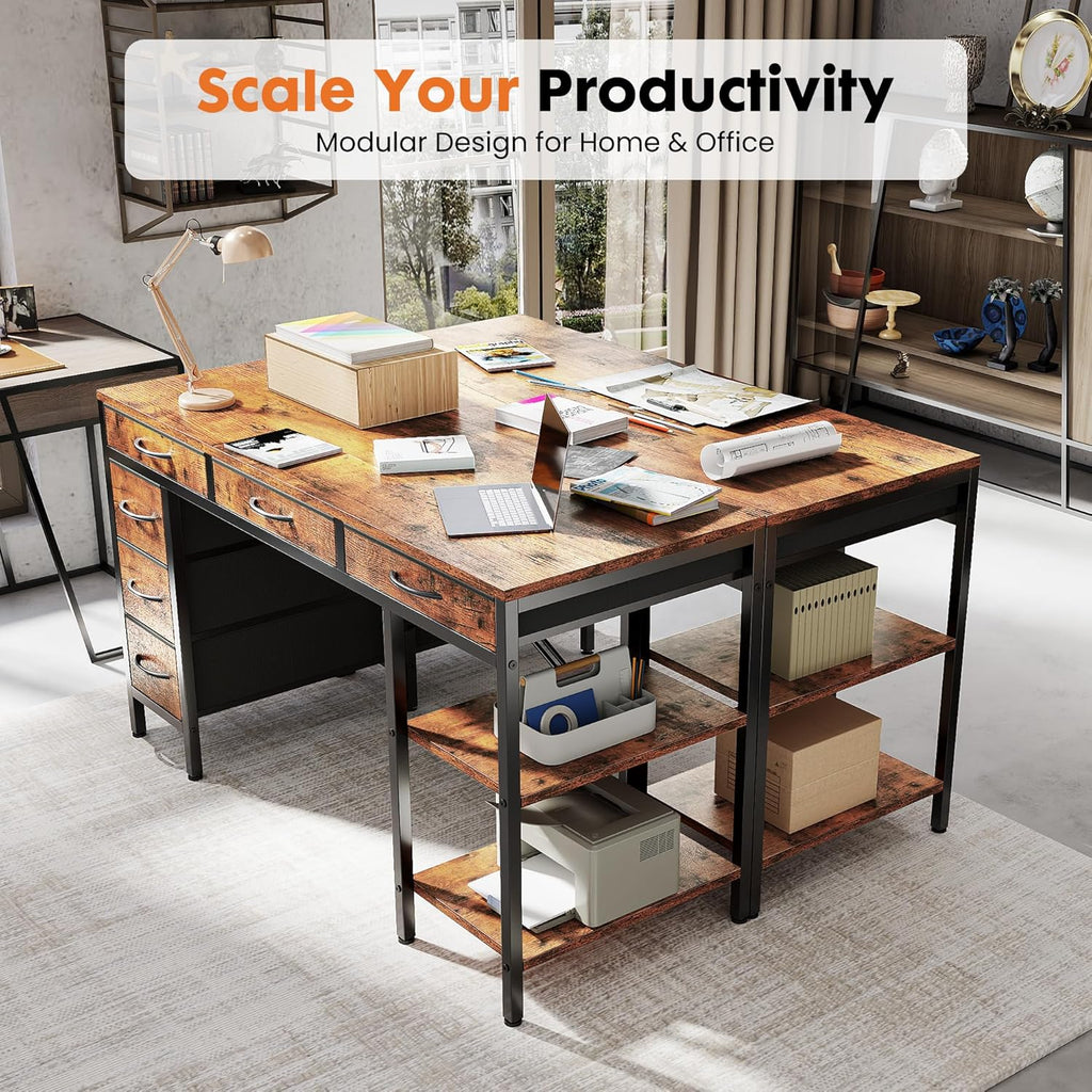 55 Computer Desk with 6 Drawers, Home Office Gaming Desks with Storage Shelves for Bedroom, Writing Study Corner Living Room Work Table Rustic Brown