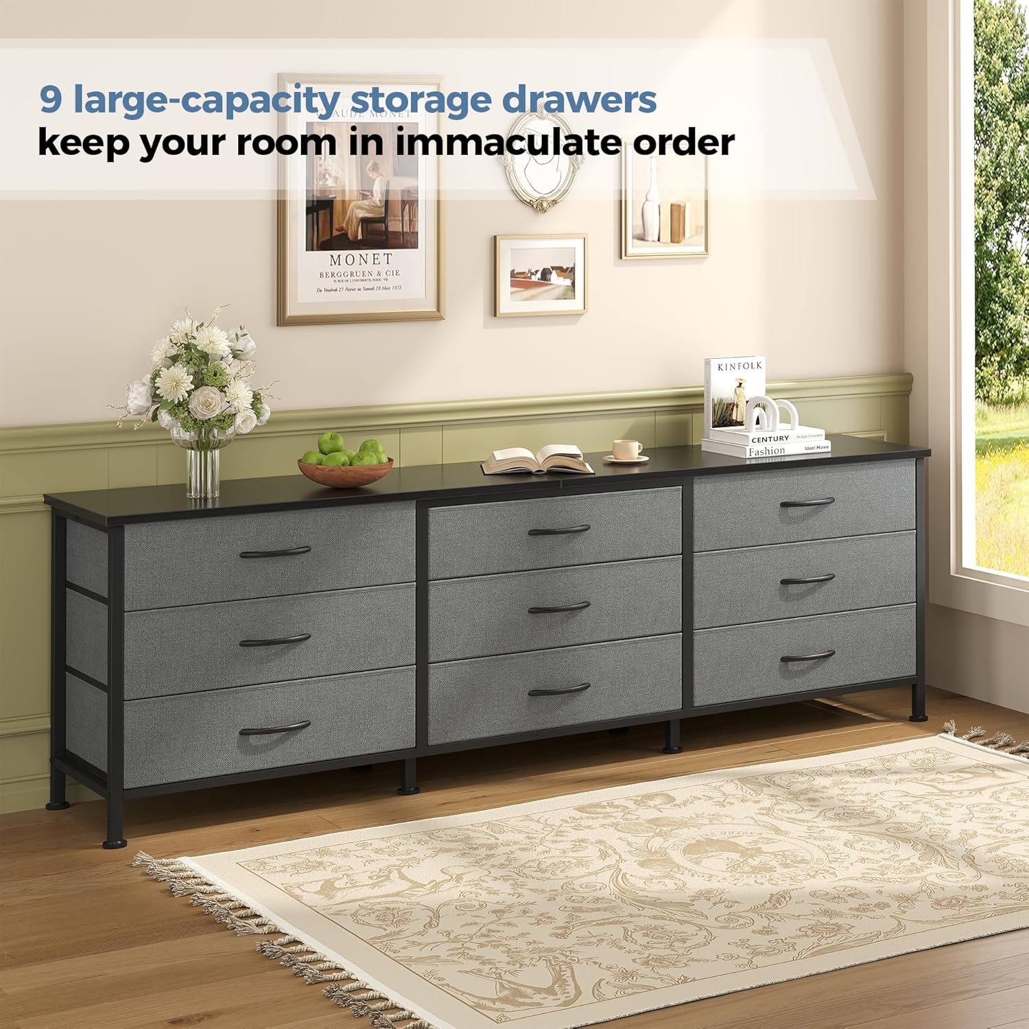 TV Stands for Living Room Furniture with 9 Fabric Drawers, Long Entertainment Center Up to 75 Inch TV, Media Console Table with Storage for Bedroom, Adjustable Feet, Grey.