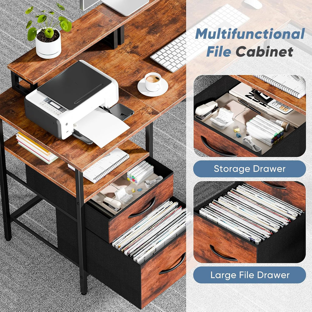 L Shaped Gaming Desk with Charging Station & 2 Monitor Stands, Computer Desk with Drawer & Adjustable Storage Shelves, Large Corner Desk for Home Office, 62 Inch Rust Wood