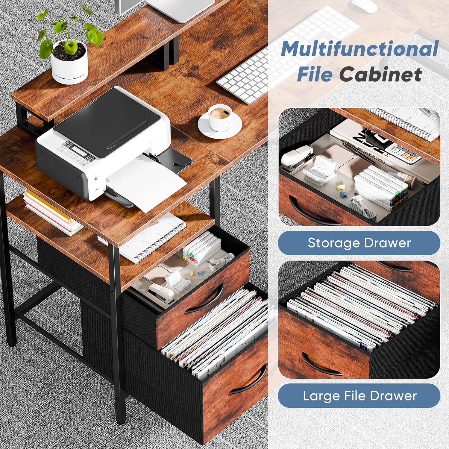 L Shaped Gaming Desk with Charging Station & 2 Monitor Stands, Computer Desk with Drawer & Adjustable Storage Shelves, Large Corner Desk for Home Office, 62 Inch Rust Wood
