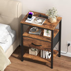 Nightstands Set of 2 with Charging Station, Bedside Table with USB Ports & Type-C, 2 Fabric Drawers Night Stand with Open Shelf, Compact End Table for Bedroom, Rustic Brown