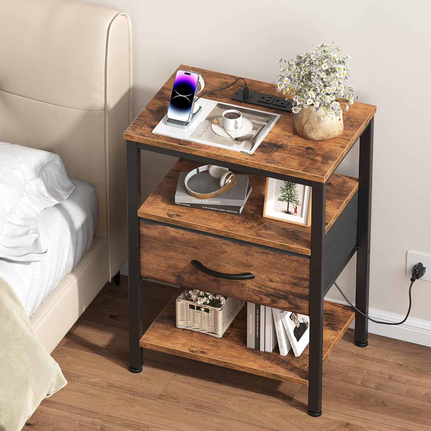 Nightstands Set of 2 with Charging Station, Bedside Table with USB Ports & Type-C, 2 Fabric Drawers Night Stand with Open Shelf, Compact End Table for Bedroom, Rustic Brown