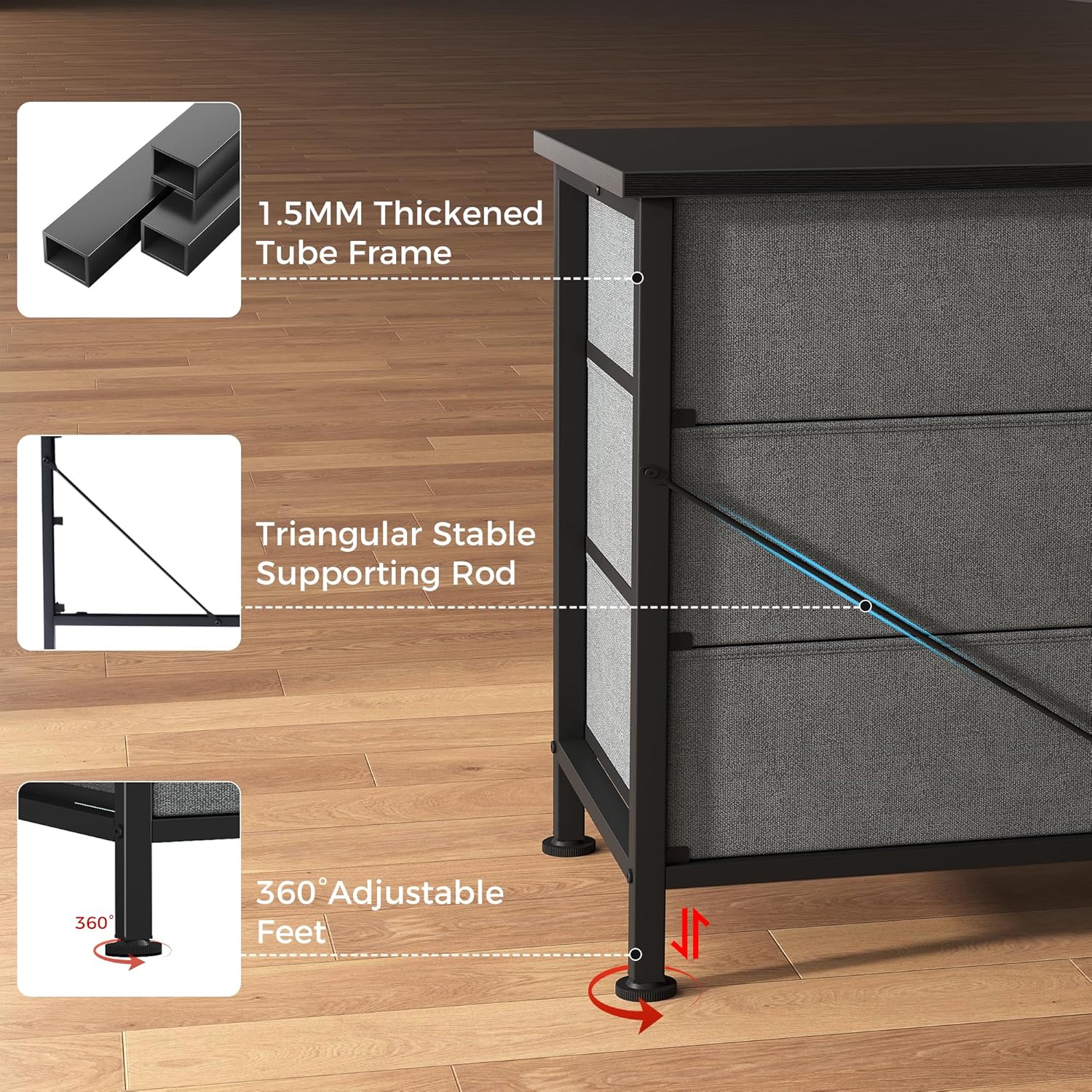 TV Stands for Living Room Furniture with 9 Fabric Drawers, Long Entertainment Center Up to 75 Inch TV, Media Console Table with Storage for Bedroom, Adjustable Feet, Grey.