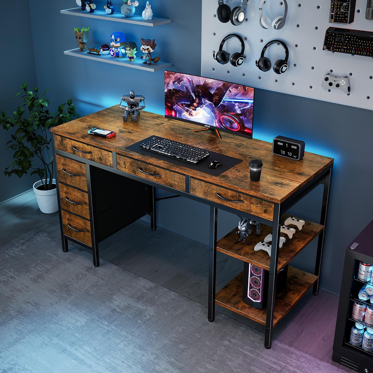 55 Computer Desk with 6 Drawers, Home Office Gaming Desks with Storage Shelves for Bedroom, Writing Study Corner Living Room Work Table Rustic Brown