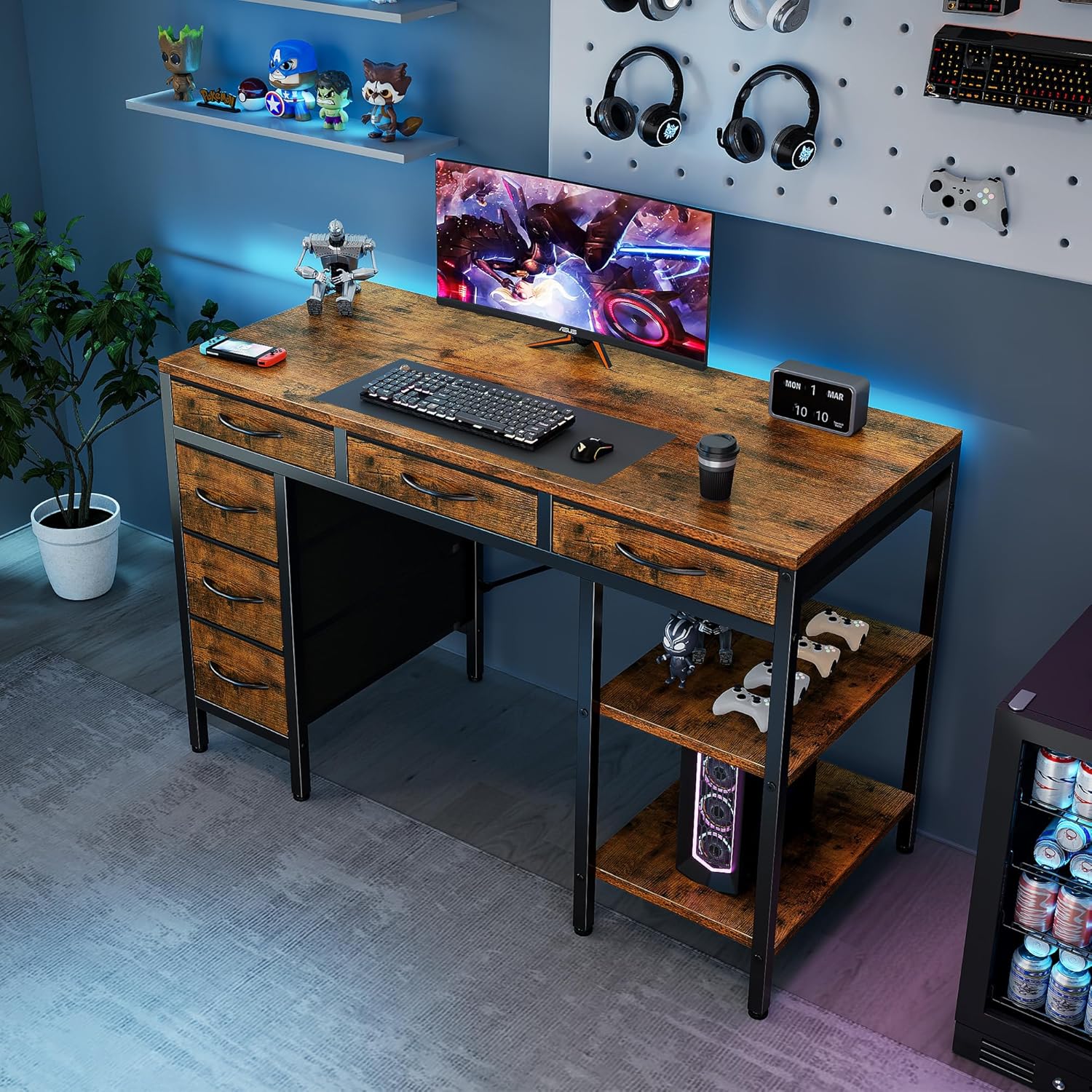 47 Computer Desk with 6 Drawers, Home Office Gaming Desks with Storage Shelves for Bedroom, Writing Study Corner Living Room Work Table Rustic Brown