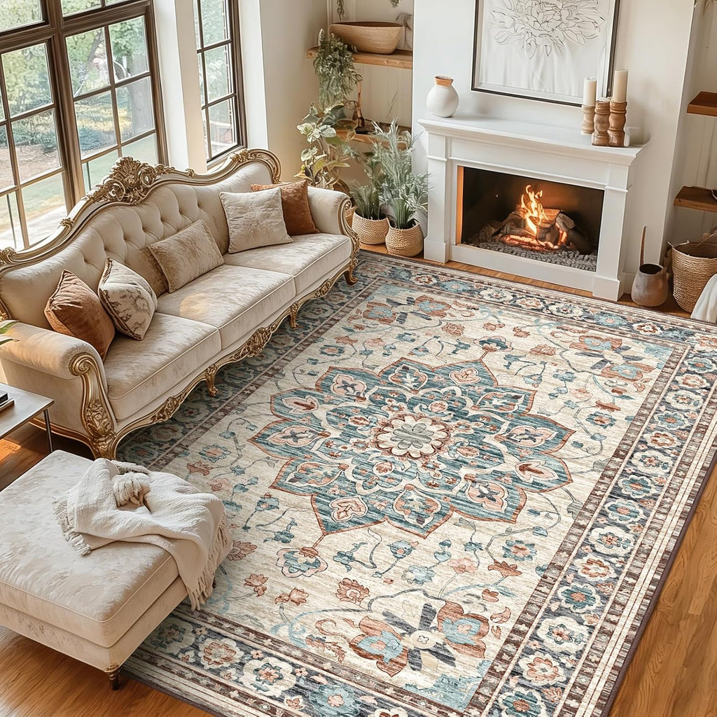 9x12 FT Large Area Rug for Living Room, Machine Washable Low-Pile Rug with Non-Slip Backing, Durable Edge Binding for Bedroom, Dining Room, Vintage Beige